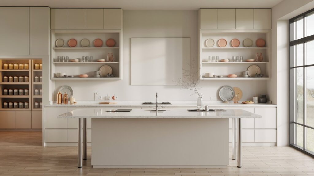 Modern kitchen interior showing open and closed storage to illustrate what is a cupboard in a kitchen, featuring neatly organised shelves and minimalist design.