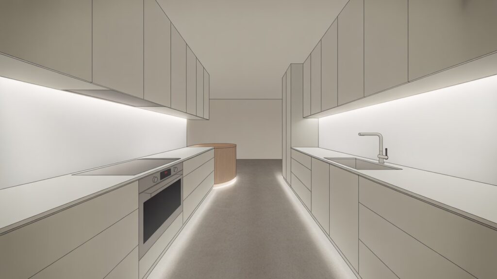 Illustration of a sleek and modern galley kitchen design ideas with minimal cabinetry, integrated lighting, and clean lines for a contemporary look.