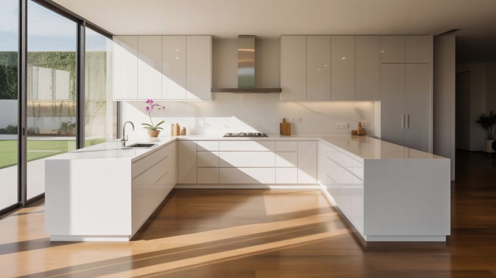 A bright, modern kitchen with glossy white cabinets, large windows, and wooden flooring, showcasing L shaped kitchen layout ideas for a stylish and functional home.