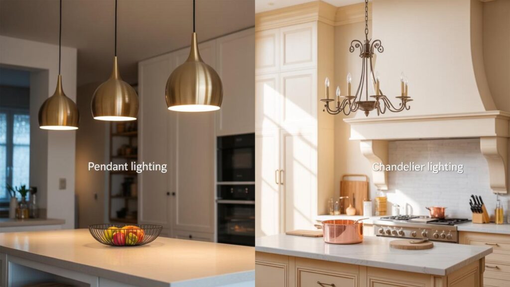 Modern kitchen lighting design comparison showcasing pendant lighting and chandelier lighting for kitchens