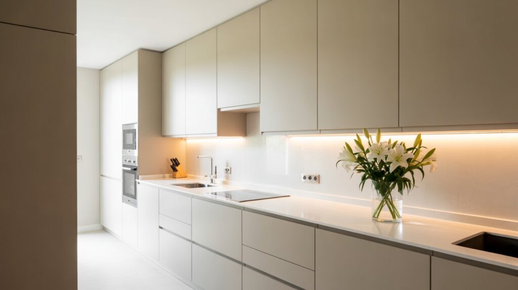 Modern kitchen interior showcasing single row galley kitchen design ideas with clean white cabinetry, integrated appliances, and under-cabinet lighting