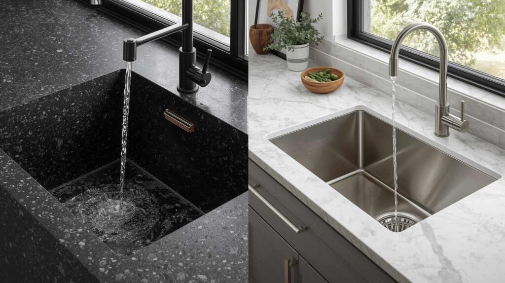Side-by-side view showing stainless steel vs granite kitchen sink with running water, highlighting durability and style differences in modern kitchens.