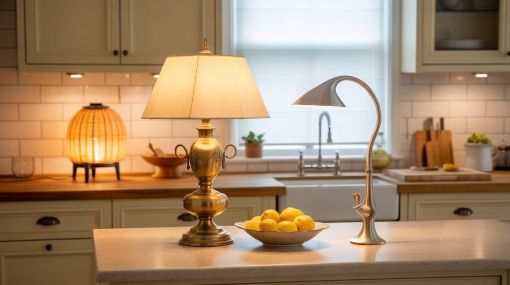 Elegant kitchen showcasing ceilinglamps in kitchen ideas with vintage and modern table lamps creating a cozy, layered lighting effect.