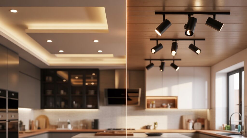Side-by-side modern kitchen layout illustrating track lighting vs recessed lighting for kitchens, highlighting the design and functional contrasts between both styles.