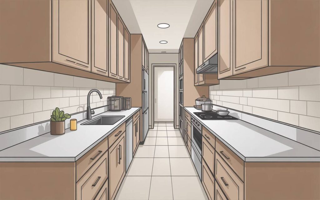 Illustration showing what is a galley kitchen layout with parallel countertops, ample cabinetry, and modern appliances.