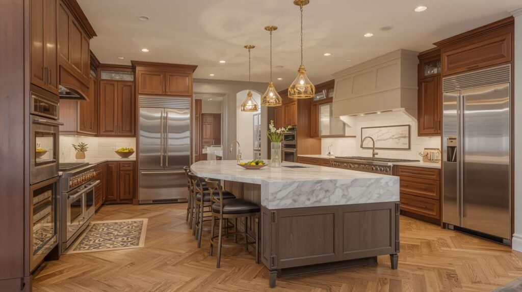 A stylish gourmet kitchen showcasing stainless steel appliances, rich wooden cabinetry, and a marble island — perfect for illustrating what is a gourmet kitchen.