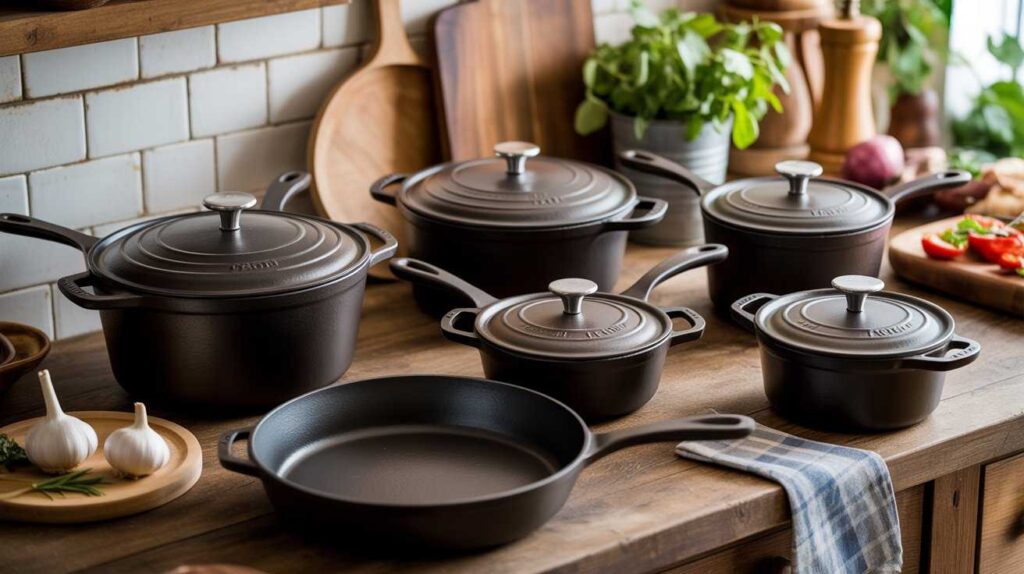 A complete display of the best affordable cast iron cookware set including skillets, Dutch ovens, and saucepans arranged on a rustic wooden counter.