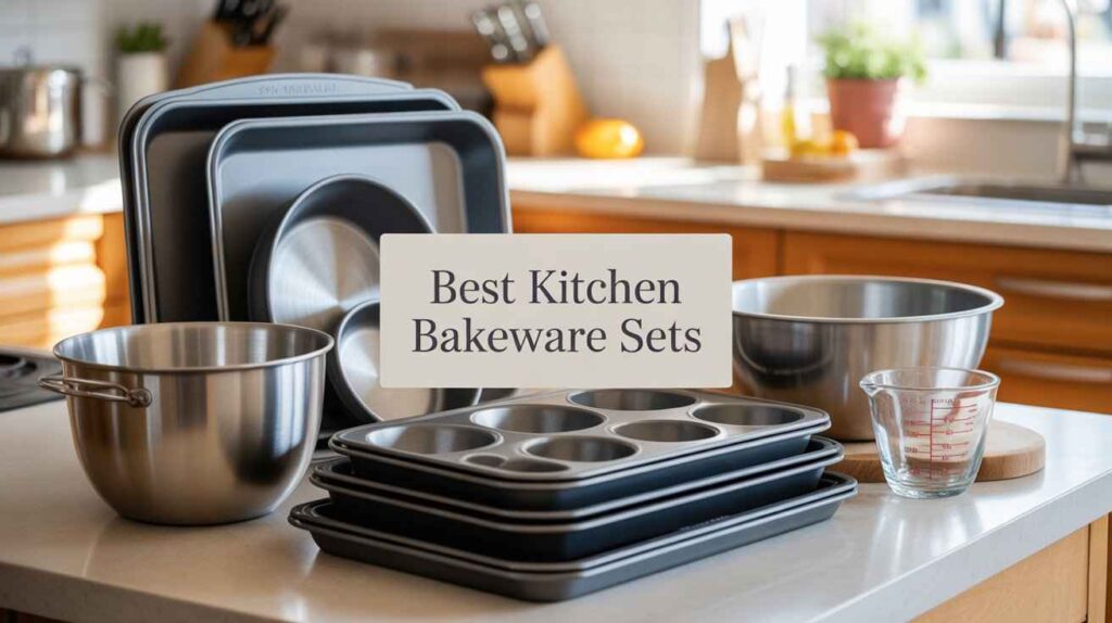 A modern kitchen countertop displaying the kitchen best bakeware set for beginners, including nonstick pans, mixing bowls, muffin tray, and measuring cup.
