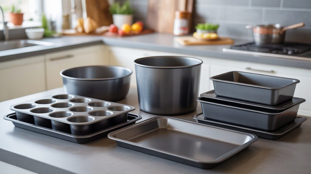High-quality flat lay of the best Carbon Steel Bakeware Sets including baking pans, muffin trays, cake tins, and sheet pans arranged neatly on a kitchen counter.