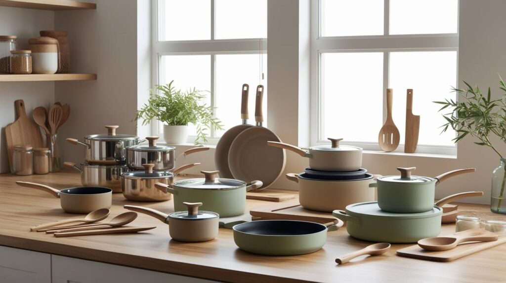 Best eco friendly kitchen cookware sets featuring non-toxic stainless steel pots, ceramic pans, and wooden utensils in a bright modern kitchen.