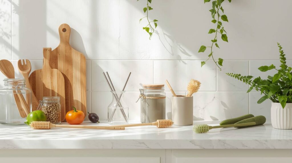 A modern kitchen counter with bamboo utensils, glass jars, reusable straws, and plants showcasing the best eco friendly kitchen products.