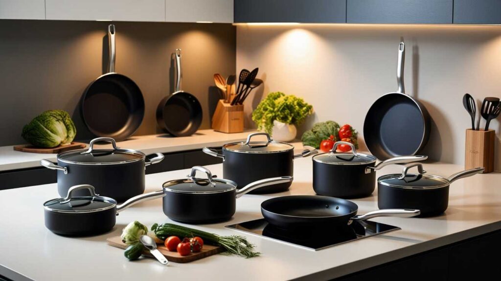 Premium kitchen display of the best hard anodized aluminum cookware set with matte black pots and pans, stainless steel handles, and glass lids.