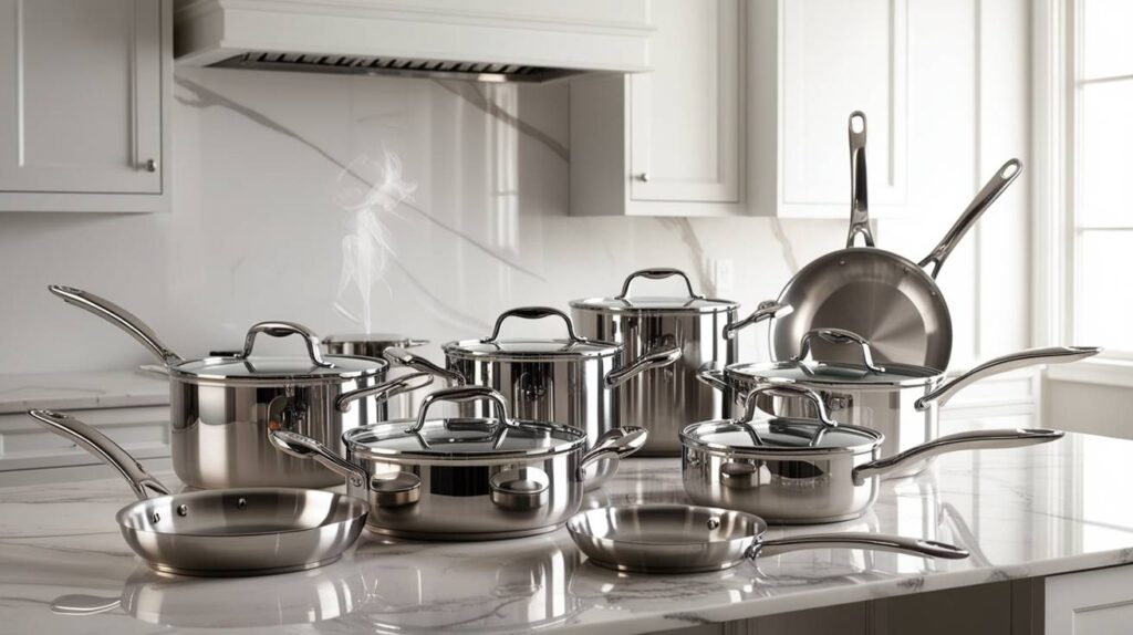 A polished collection of the best premium stainless steel cookware sets displayed on a marble countertop in a bright, modern kitchen.