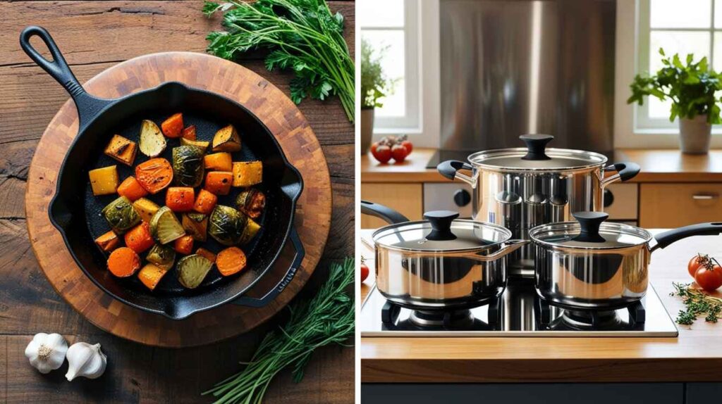 Split view showing roasted vegetables in a cast iron skillet and shiny stainless steel pots on a stove, highlighting Cast Iron vs Stainless Steel Cookware Ideas for modern kitchens.