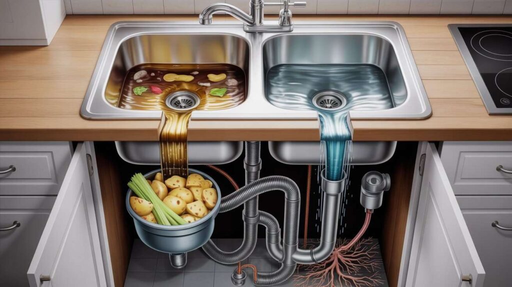 Cutaway illustration showing common kitchen sink causes like clogged drain pipes, food waste in garbage disposal, blocked P-trap, and tree root intrusion.