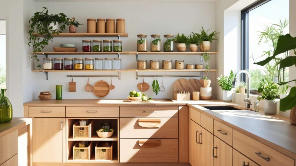 Bright modern kitchen showcasing eco friendly kitchen organization ideas with wooden cabinets, glass jars, indoor plants, and natural light for a clean and sustainable look.