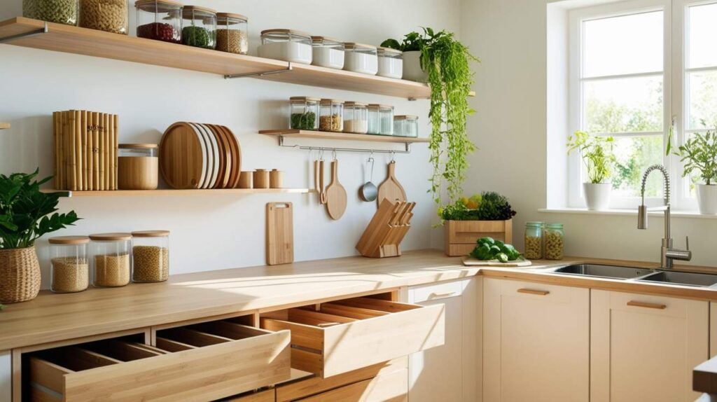 Minimalist kitchen interior featuring eco friendly kitchen organization with wooden shelves, glass jars, potted plants, and sustainable bamboo storage for a clean and natural look.