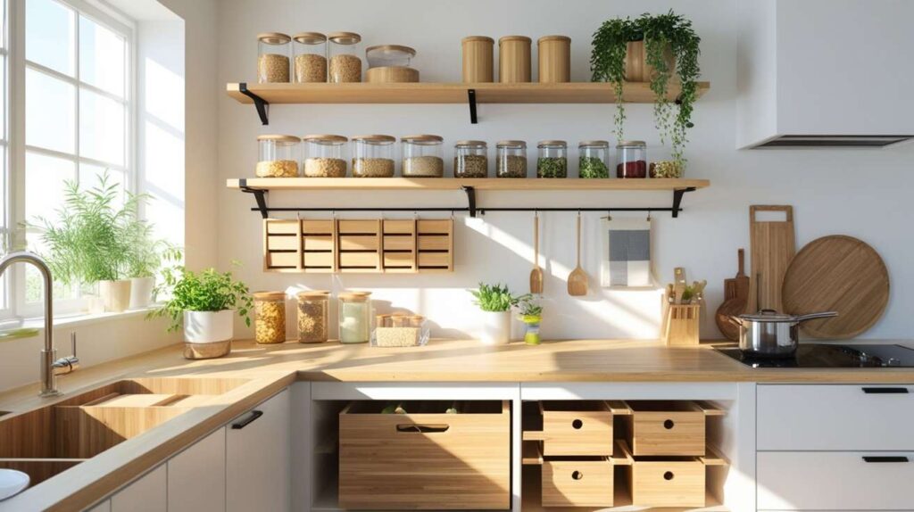 Showing kitchen eco friendly product organization in kitchen.