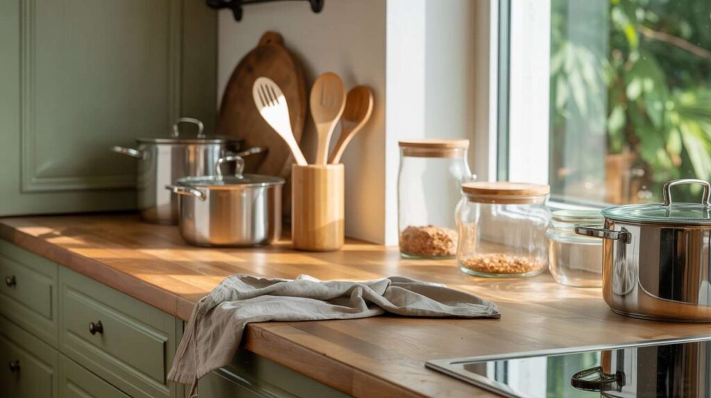 A contemporary sustainable kitchen showcasing stainless steel cookware, bamboo cooking tools, reusable glass jars with wooden lids, and a soft cloth towel on a wooden counter.