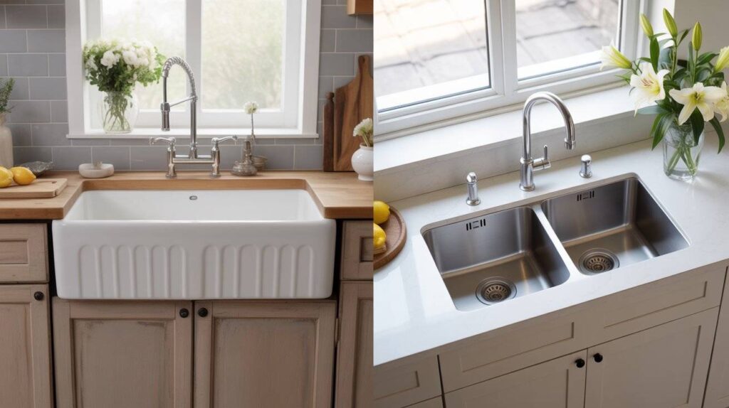 Side-by-side comparison of a farmhouse sink vs regular kitchen sink showing a white apron-front farmhouse sink with wood countertop next to a stainless steel double-bowl regular sink.