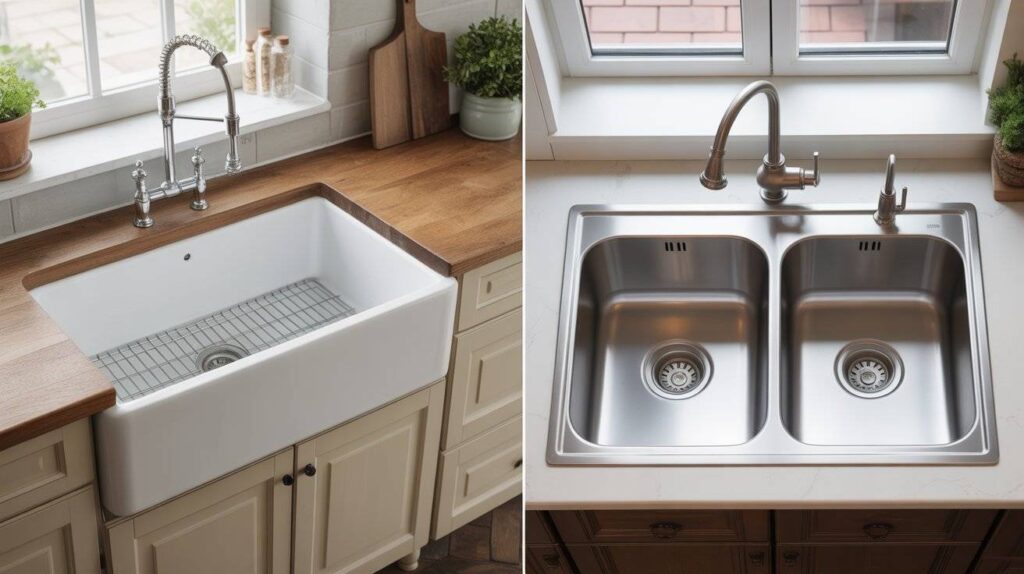 Side-by-side comparison of a farmhouse sink vs regular sink showing an apron-front fireclay farmhouse sink next to a double-bowl stainless steel regular sink.