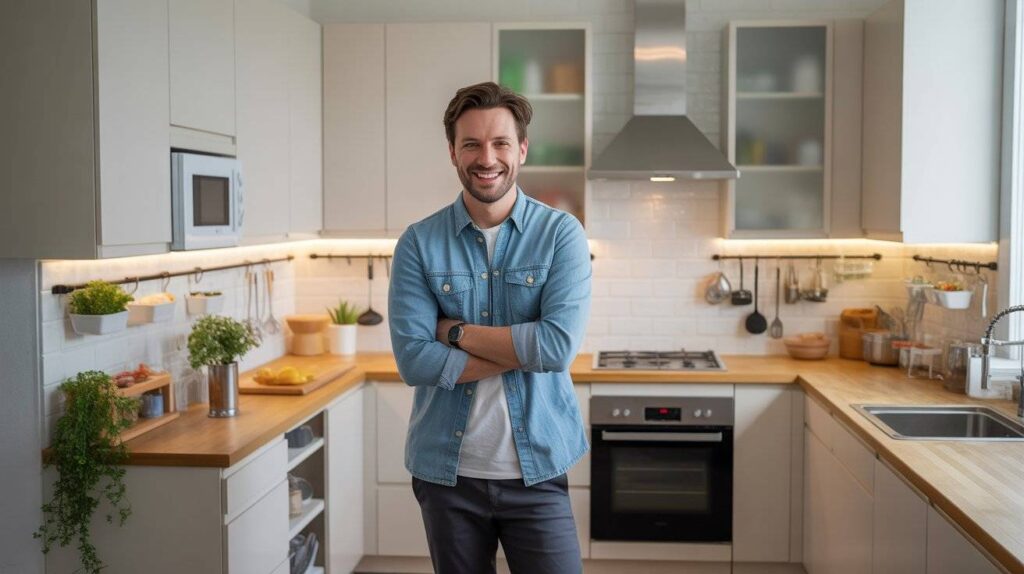 A man smiling inside a stylish modern setup showing what is a dirty kitchen design, featuring clean countertops, tiled backsplash, and organized storage.