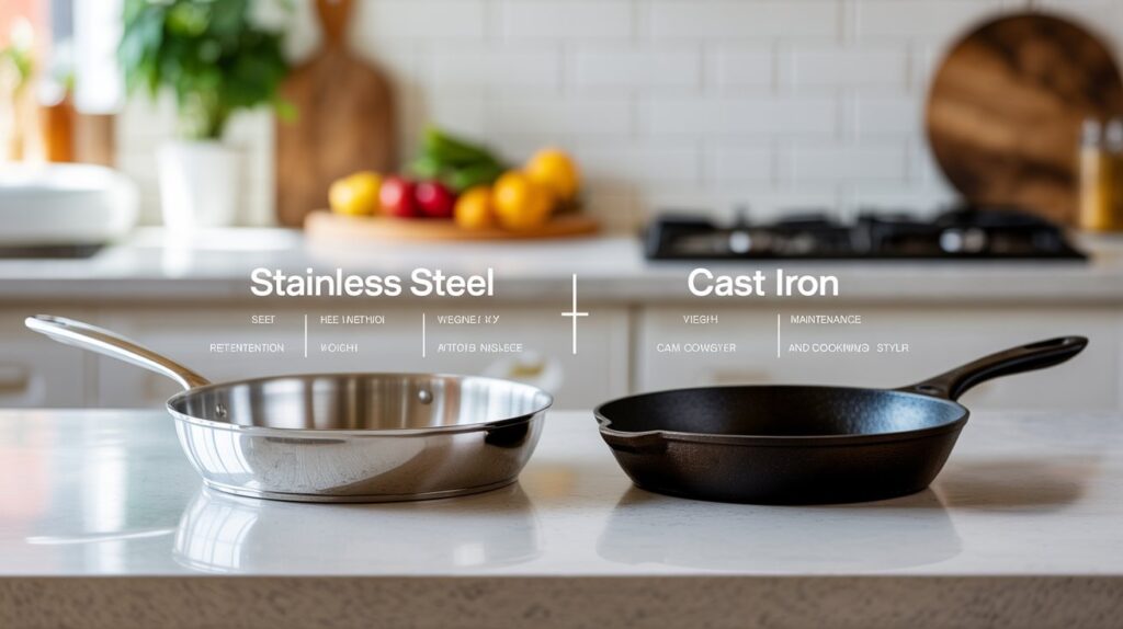 Side-by-side view highlighting the Key difference between steel and cast iron, showing a stainless steel pan and a cast iron skillet placed on a kitchen countertop.