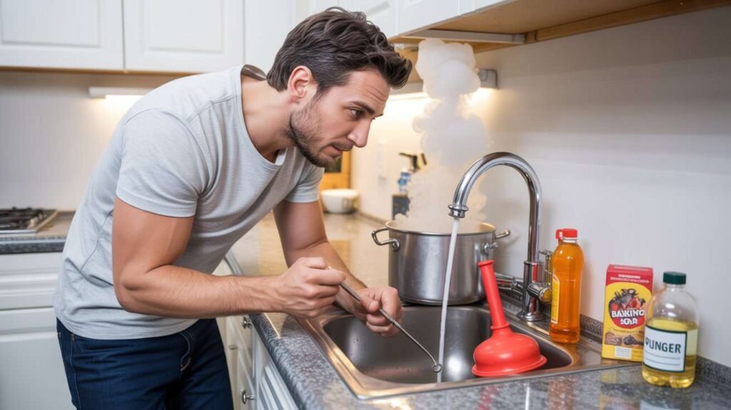 A man using a drain snake with baking soda, vinegar, plunger, and boiling water nearby as part of common kitchen sink fixes