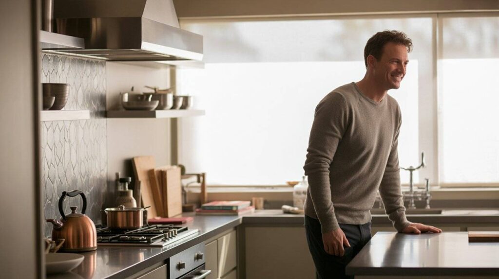 A modern dirty kitchen design featuring sleek countertops, open shelves with bowls, a copper kettle on the stove, and a person standing near the kitchen island in a bright, cozy setting.