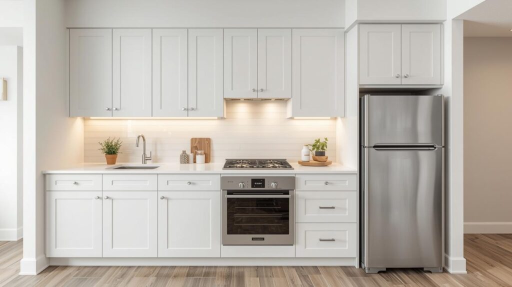 A contemporary white layout that perfectly illustrates what is a one wall kitchen, featuring cabinets, a sink, stove, and refrigerator aligned along a single wall.