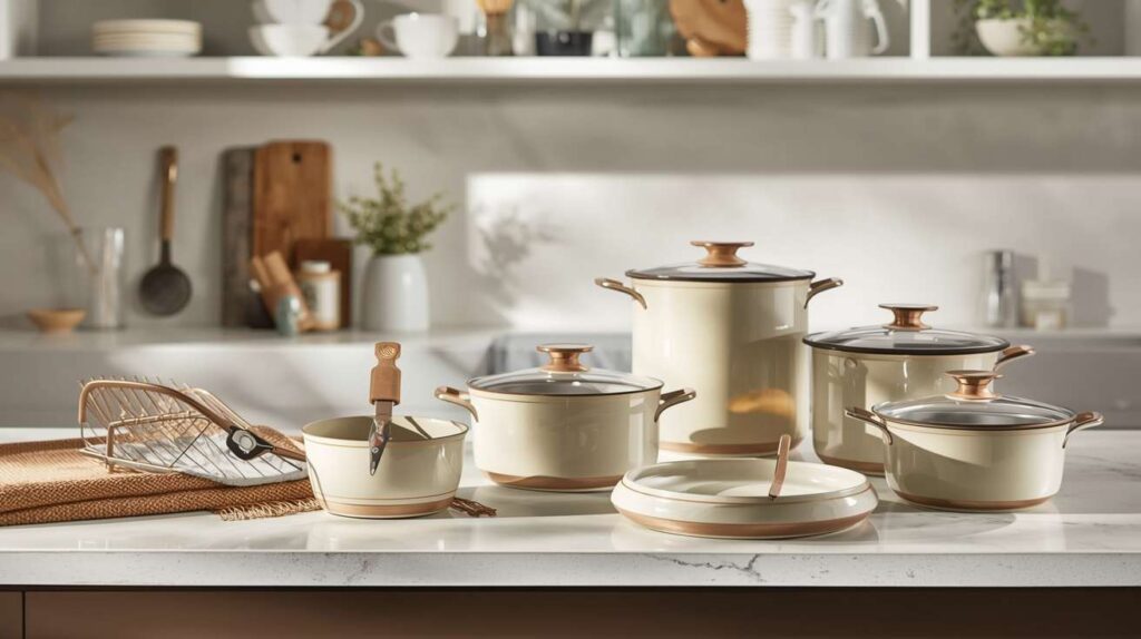 Premium ceramic cookware kitchen sets in cream white with copper accents displayed on a modern kitchen counter.