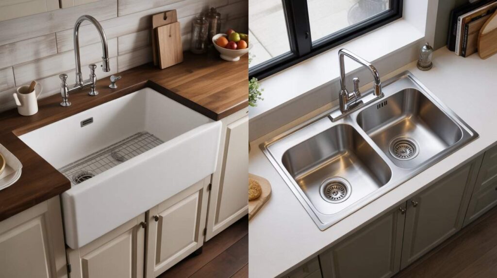 A side-by-side comparison of a regular sink vs farmhouse kitchen sink, showcasing the design, style, and installation differences in a modern kitchen setting.