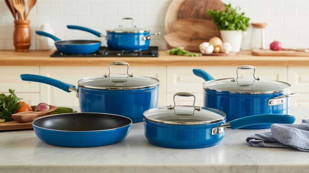 Top Blue Diamond kitchen cookware set displayed on a countertop with frying pans, saucepans, and stockpots featuring glass lids and nonstick interiors.