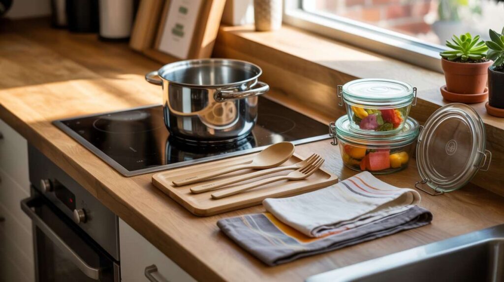 A clean modern kitchen showing stainless steel pot, bamboo utensils, glass food storage jars, and cloth towels — a perfect example of what is eco friendly kitchenware.
