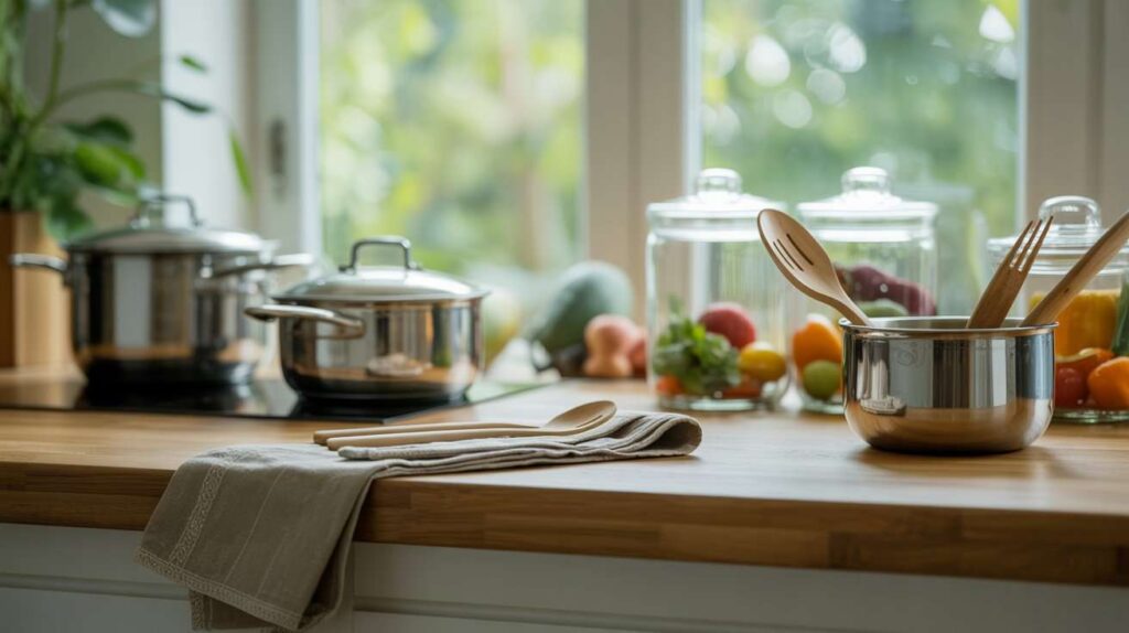 A bright eco-friendly kitchen featuring stainless steel cookware, bamboo utensils, and glass jars with fresh produce on a wooden countertop – what is eco friendly kitchenware in action.