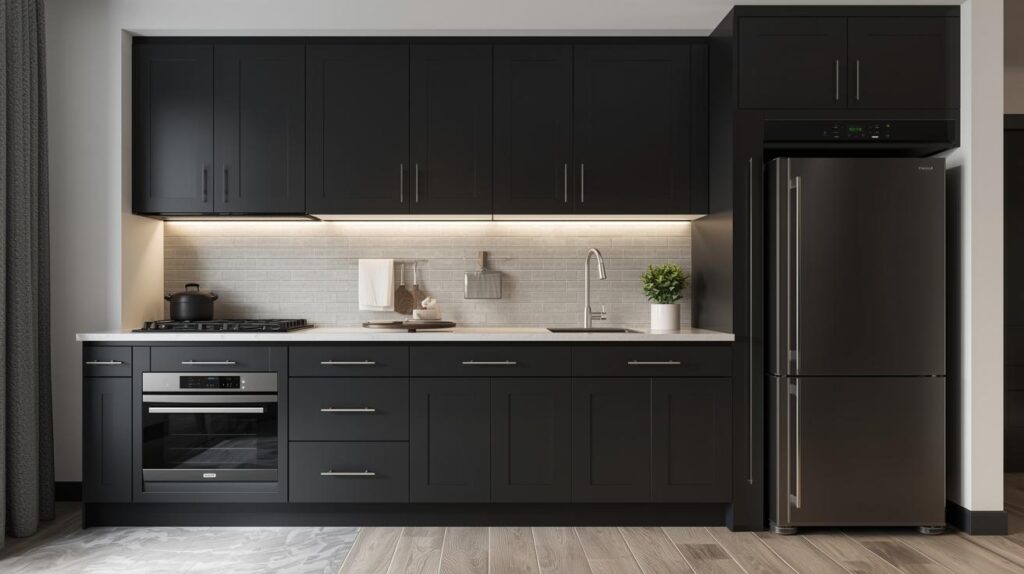 What is one wall kitchen – a sleek modern layout with black cabinets, integrated oven, gas cooktop, sink, and refrigerator arranged along a single wall.