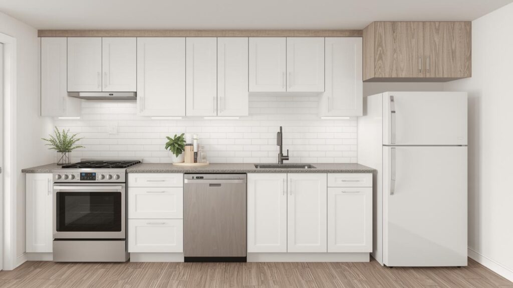 A modern white design showing what is one wall kitchen, with cabinets, stove, sink, dishwasher, and refrigerator arranged along a single wall.