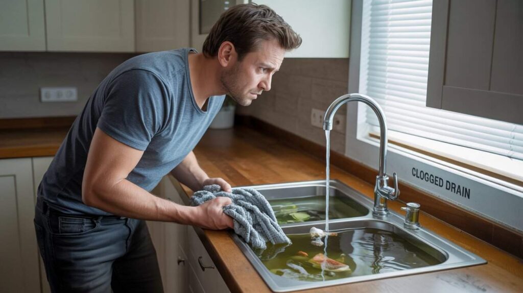 A worried man looking at a clogged drain with dirty water rising in the sink, showing why is my kitchen sink backing up problem.