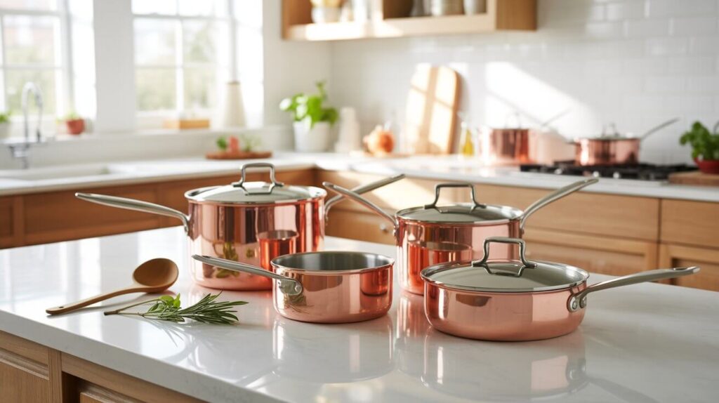 A beautiful collection of affordable copper cookware displayed on a white countertop in a modern kitchen with natural sunlight.