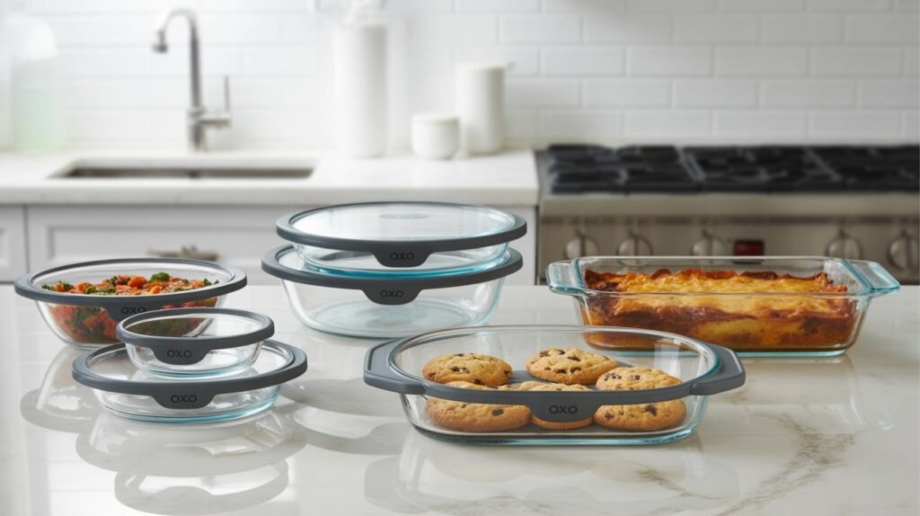 A modern kitchen counter displaying affordable OXO glass bakeware filled with cookies, lasagna, and vegetables in durable glass dishes.