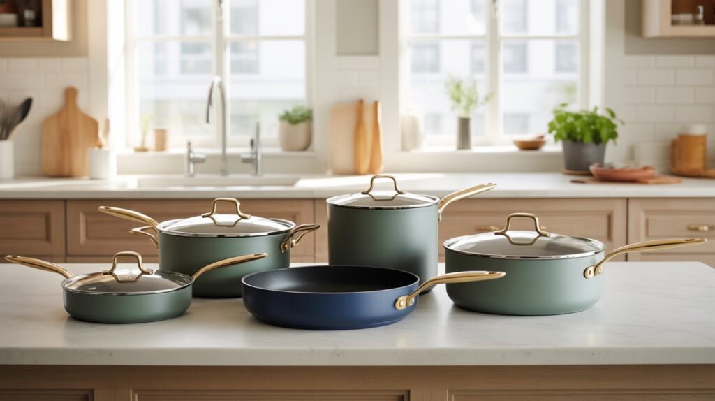 Stylish modern kitchen countertop with the best caraway cookware sets including nonstick pots and pans in pastel colors with golden handles.