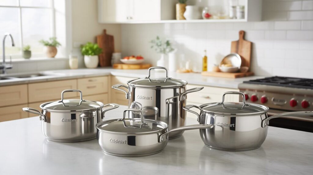 The best Cuisinart cookware set featuring stainless steel pots and pans with glass lids arranged on a marble countertop in a bright modern kitchen.