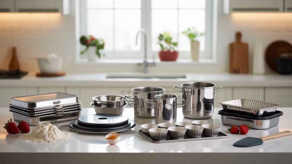 A premium collection of the best stainless steel bakeware set, including pots, trays, mixing bowls, and cupcake molds, neatly arranged on a kitchen counter.