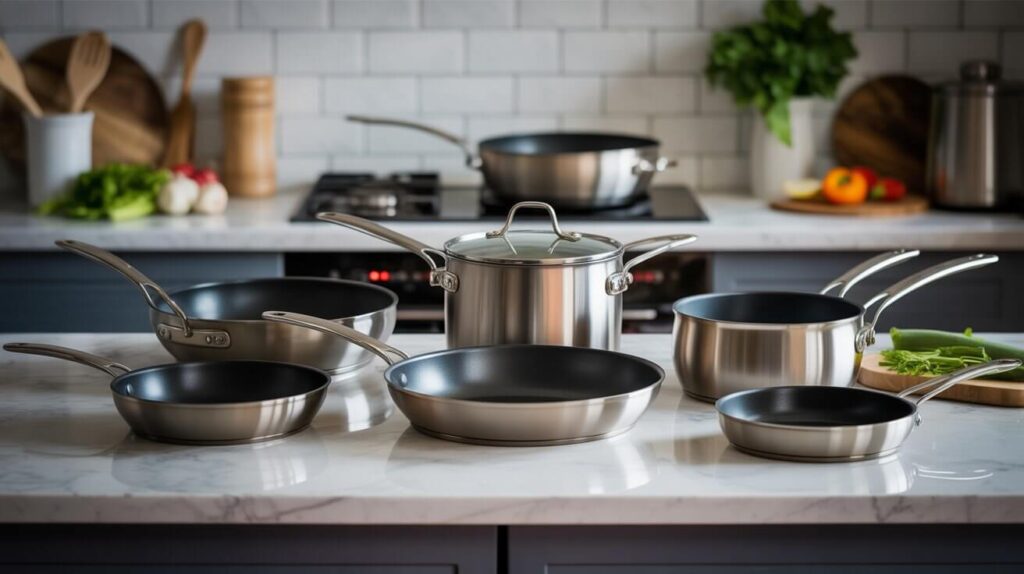 Best titanium cookware sets featuring non-stick titanium pans and pots neatly arranged on a marble countertop in a modern kitchen interior.