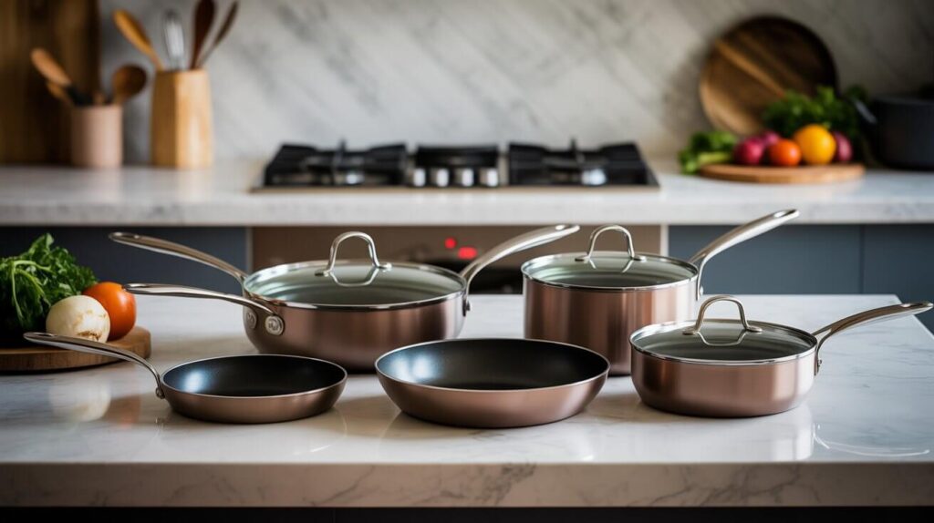 Premium titanium cookware sets for kitchen showcasing durable non-stick pots and pans with sleek design on a countertop.