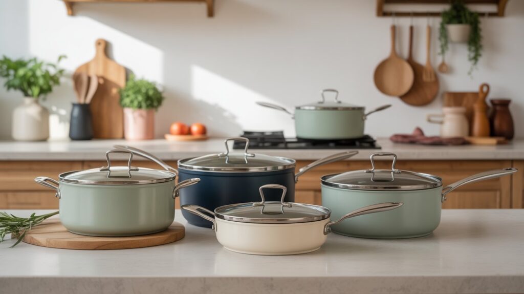 Elegant modern kitchen countertop featuring caraway cookware sets in pastel colors with glass lids and stainless-steel handles.