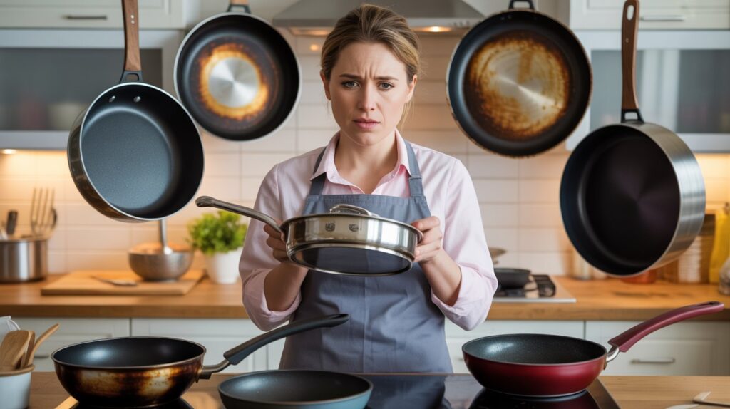 A home cook looking confused while holding a stainless steel pan in a kitchen, surrounded by different frying pans, representing common cookware mistakes to avoid when cooking.