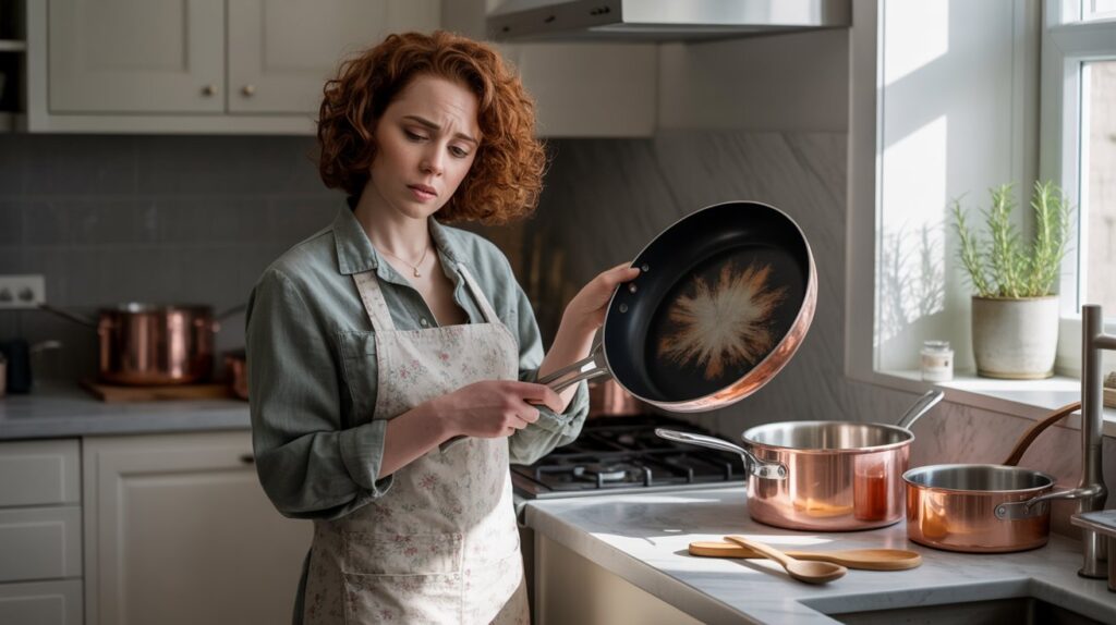 A woman standing in a modern kitchen, carefully inspecting a burnt frying pan while surrounded by copper cookware, showing an example of common cookware mistakes to avoid.