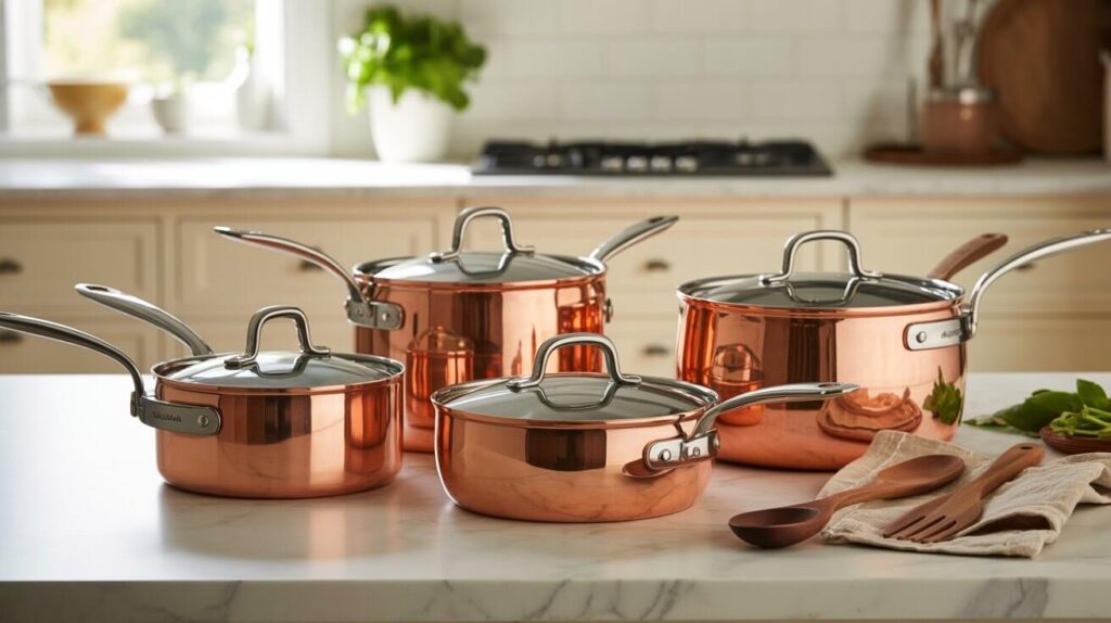 Elegant copper cookware sets for kitchen displayed on a marble countertop in a bright modern cooking space with wooden utensils beside them.
