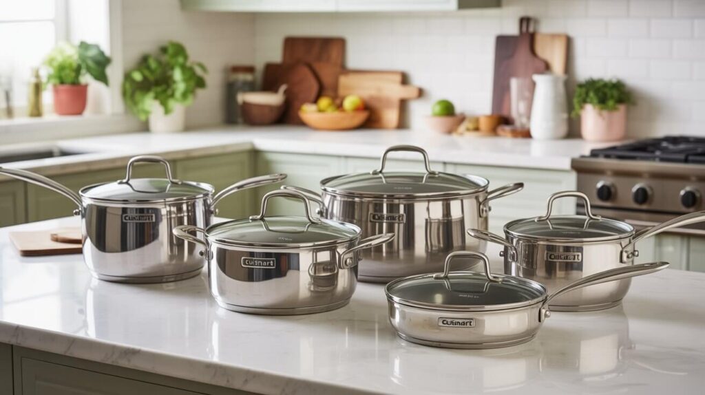 Stainless steel Cuisinart cookware set for kitchen arranged neatly on a marble countertop in a bright, modern cooking space with green cabinets and natural light.